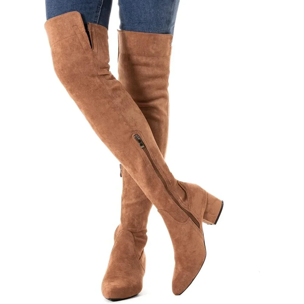Women Brown/2 Inch Heel Faux Suede Over The Knee Thigh High Low Block Heel Boot